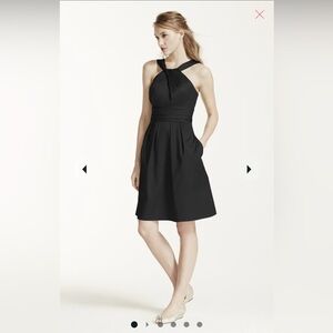 Short black David’s Bridal bridesmaid dress. With pockets.